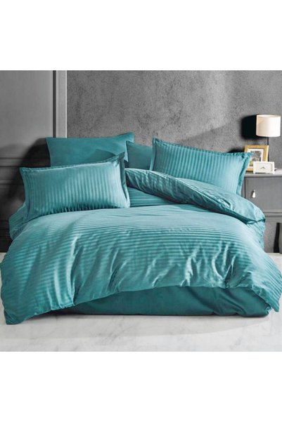 HomePuls Lenjerie pat dublu Damasc Bumbac 100% tip Hotel, dunga 1 cm, 4 piese...