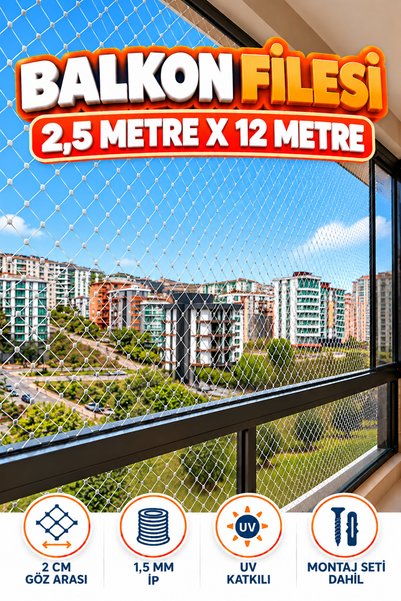 KONAK FİLE 2.5 METRE x 12 METRE Balkon Kuş Koruma Önleme Engelleme Filesi Güvenlik Güvenliği Koruması Filesi Ağı
