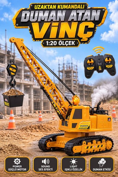 Tıfıl Toys Şarjlı Uzaktan Kumandalı Işıklı Sesli Duman Efektli Vinç Oyuncak 1...