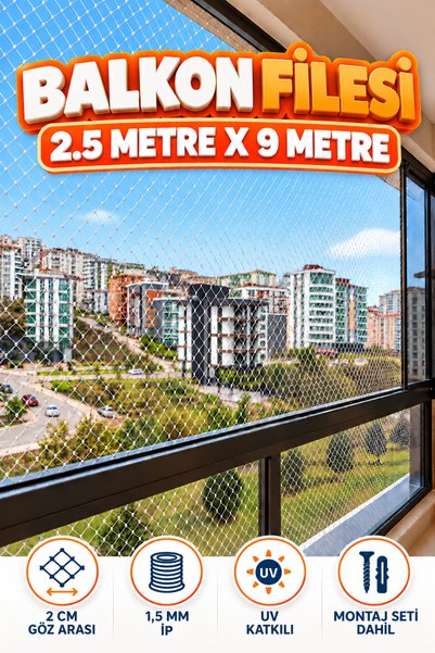 KONAK FİLE 2.5 METRE x 9 METRE Balkon Kuş Koruma Önleme Engelleme Filesi Güvenlik Güvenliği Koruması Filesi Ağı