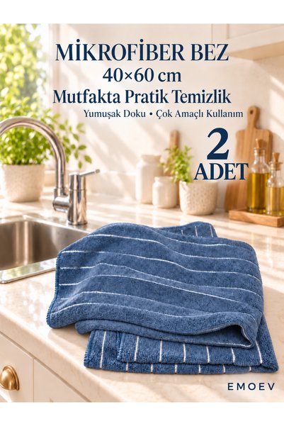 Emoev 2'Li Yüksek Emici Mikrofiber Mutfak Kurulama Bezi Çizgili Mutfak Havlus...