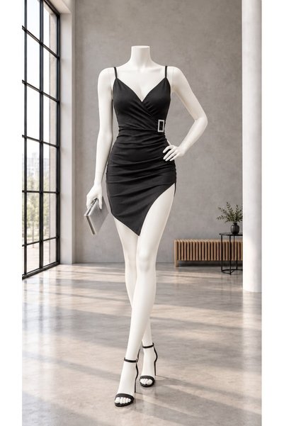 Modafeminen Buckle Wrap Slit Midi Dress 581756 Black