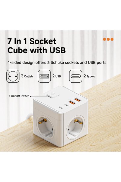 Choice 110-250V 3 white 7-in-1 EU power board, 3 AC sockets & 2 USBs & 2 Type...