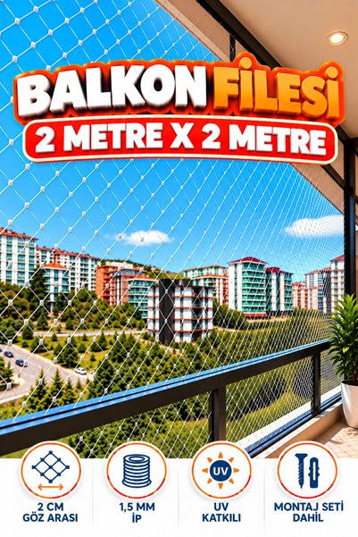 KONAK FİLE 2 METRE x 2 METRE Balkon Kuş Koruma Önleme Engelleme Filesi Güvenlik Güvenliği Koruması Filesi Ağı