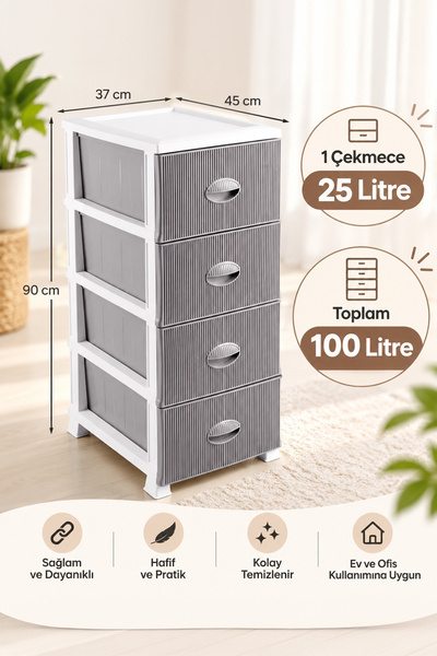 Porsima 0704 4 Katlı Plastik Çekmeceli 100 Litre Dolap Still Komodin Çekmeceli Sebzelik-Oyuncak Sepeti-Çok Amaçlı Plastik Organizer Beyaz/Gri