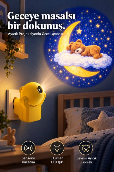 Ecuy Projeksiyon Gece Lambası Sensörlü Bebek Odası Uyku Lambası Sevimli Ayıcı...