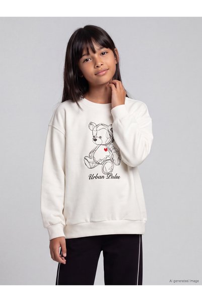 LC Waikiki LCW Kids Ecru Oval-Neck Embroidered Girls' Sweatshirt, Featuring t...