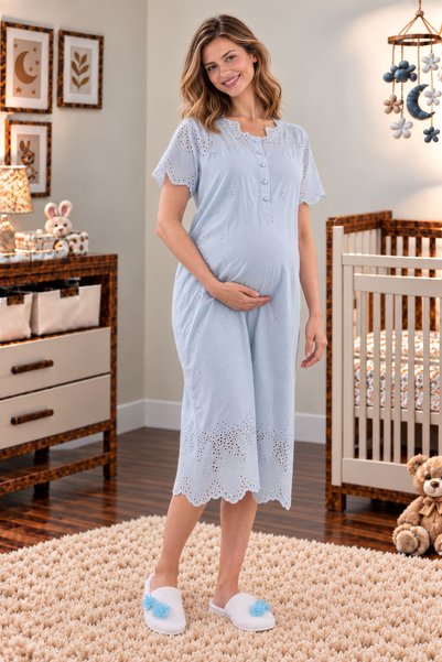 ByLohusa 100% Cotton Scalloped Fabric Maternity Nightgown Effortt - Blue