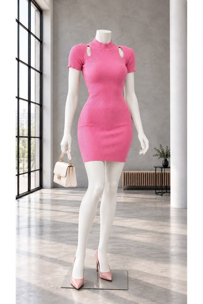 Modafeminen Off-Shoulder Knitwear Dress Tr0276 Pink