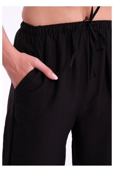 COTTONLAB Pantaloni negri cu efect de in, croială lejeră, cu talie ajustabilă