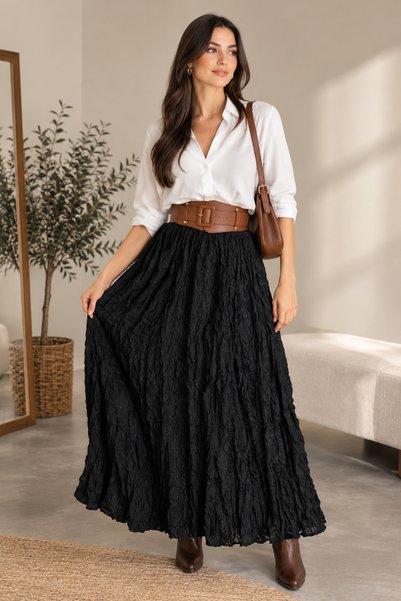 Texclusive Kadın Beli Lastikli Pileli  Etek Crush Kırışık Kumaş Yüksek Bel Ta...