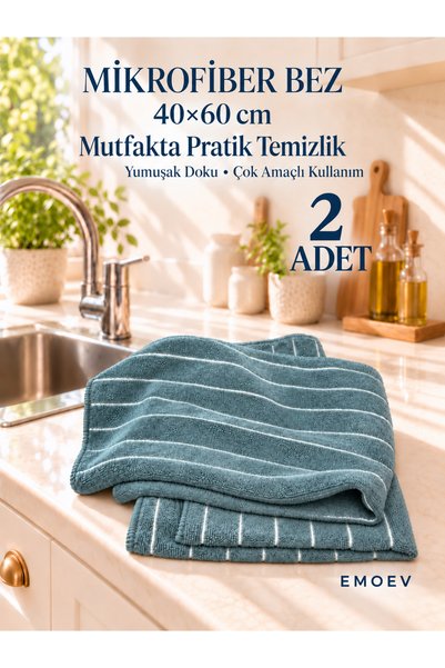 Emoev 2'Li Yüksek Emici Mikrofiber Mutfak Kurulama Bezi Çizgili Mutfak Havlus...