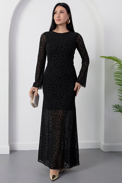 PULLIMM Crew Neck Long Sleeve Flocked Print Dress Grs3874