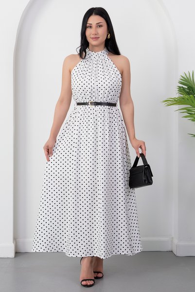 PULLIMM Halter Neck Leather Belted Polka Dot Dress K-261729