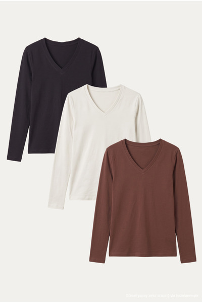 PANDO CASUAL WEAR Kadın V Yaka Uzun Kollu %100 Pamuk Basic T-shirt (3'lü Set)
