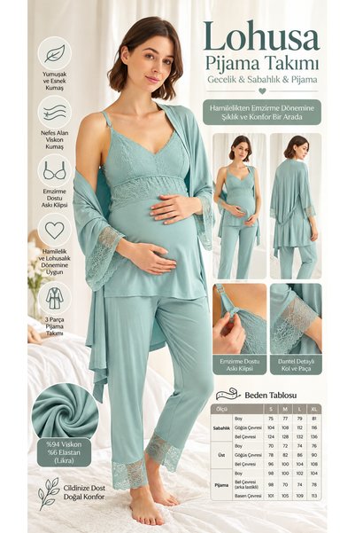 MONAMİSE Lace Maternity 3-Piece Pajama and Robe Set - Hospital Release Water ...