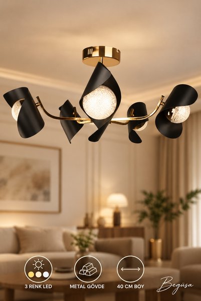Begüsa Barella Ledli 5.Li Avize Gold Kaplama, Modern LED Avize, Gold Detaylı ...