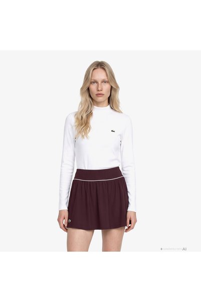 Lacoste Kadın Slim Fit Uzun Kollu Boğazlı Yaka Krem T-Shirt