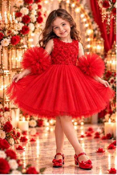 Delfini kids red Pom-Pom Sleeved rose patterned tulle Party And Birthday Dress