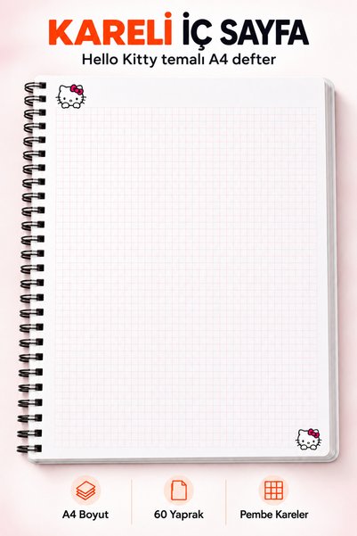 Morinna Hello Kitty Temalı A4 Spiralli Okul Defteri 60 Yaprak Kareli İç Sayfa DFTHL-01