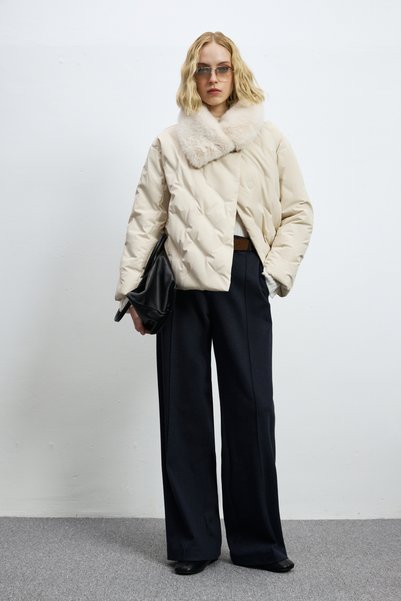 Lufian Monica Women's Removable Fur Goose down Inflatable Coat Ecru