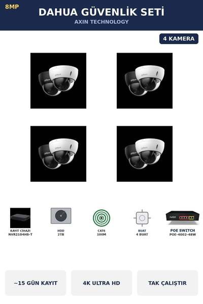 DAHUA 4 Kameralı 8MP Güvenlik Kamera Seti 4K 8MP IP PoE Dome İç Mekan 2TB ~15...