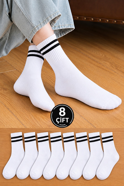 KZS Collection 8 Çift Beyaz Çizgili Tenis Kolej Çorabı – Unisex Spor Çorap, G...