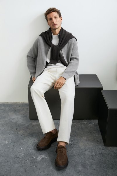 Lufian Ardan Cotton Blended Zippered High Collar Knitwear Cardigan Mink