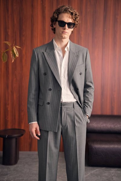 ablukaonline Men's Oversize Double-Breasted Striped Modern Suit Gray