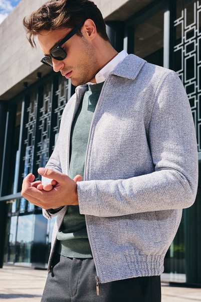 İmza Gray Polo Collar Full Lining Casual Slim Fit Melton Coat 1007255106