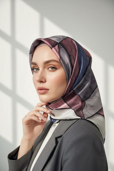 VİOLLA Kristal Mermer Desenli Pudra - Bebe Mavisi Renkli 90x90 Eşarp (İpek İç...