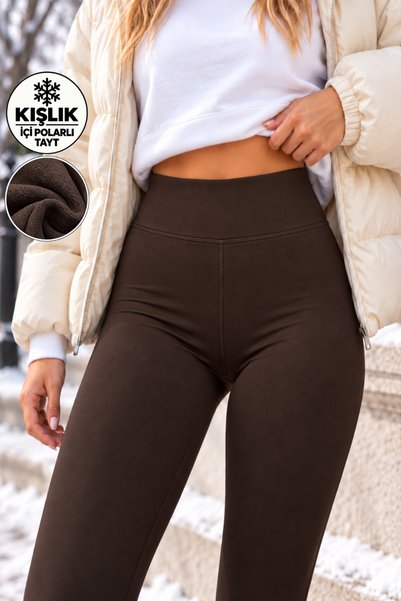 Enha Wear Kadın Kahverengi Kışlık İçi Polarlı Yüksek Bel Toparlayıcı Korseli ...