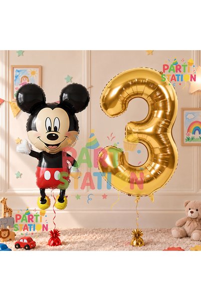 Parti Station مجموعة عيد ميلاد ميكي ماوس لعمر 3 سنوات - بالون مفهوم وبالون ذهبي