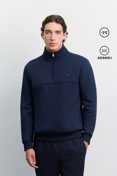 Avva Men's Navy Blue Stand Collar Zippered 3 Thread Ribbed Sweatshirt A62Y1351
