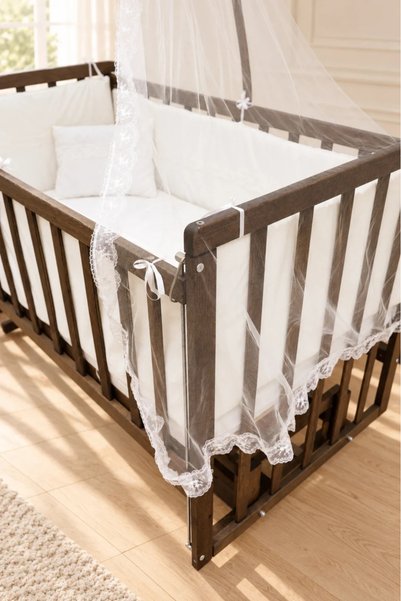 Bamgidoo 70x130 Eskitme Ceviz Ahşap Anne Yanı Bebek Beşiği Portatif Kademeli - Güpür uyku seti