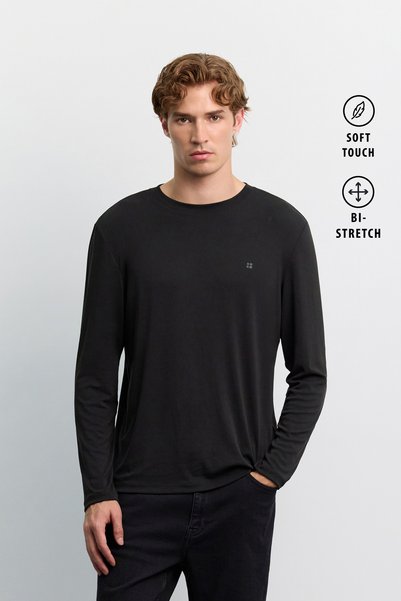 Avva Tricou negru pentru bărbați, cu gât crew, mânecă lungă, Basic Modal, cu ...