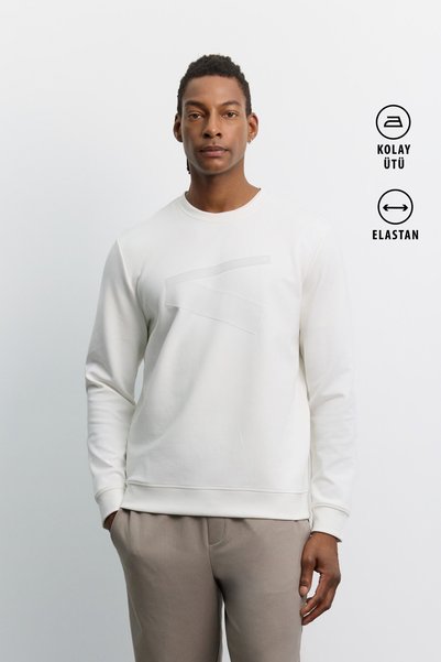 Avva Men's Ecru Crew Neck Printed Interlock Regular Fit Sweatshirt A62Y1284