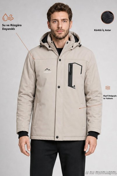 Freemen Men's Stone Hooded Fur-Lined Water and Wind-Resistant Outdoor Softshe...
