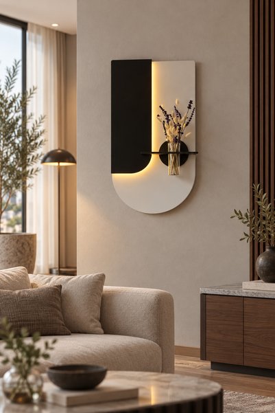 SERENGETI ART LAVANTA AHŞAP PİLLİ LEDLİ İSKANDİNAV TARZI SALON DUVAR RAFI MOD...
