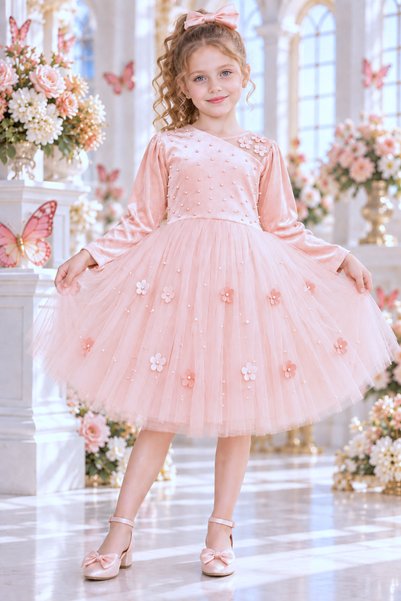 TREEMASS Girls' Velvet and Tulle Dress, Ideal for Special Occasions.