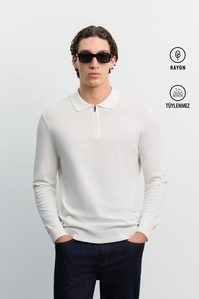 Avva Men's Ecru Polo Neck Zippered Rayon Non-Pilling Basic Knitwear Regular F...