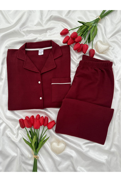 Lena Homewears Women's Solid Color Collared Buttoned Pocketed Long Sleeve Pre...
