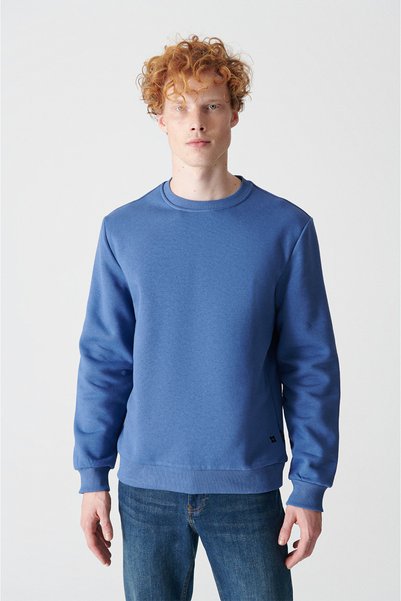 Avva Erkek İndigo Şardonlu Kumaş Bisiklet Yaka Basic Sweatshirt E001017