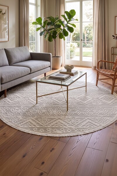 Cotto Home Cotto Motto TT008W Yuvarlak Krem Beyaz Halı Geometrik Desen Pamuk ...