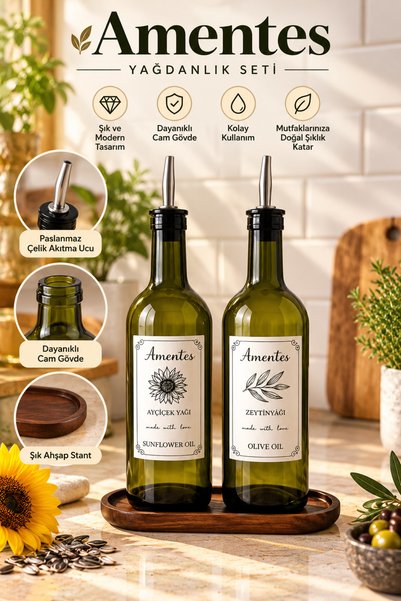 Amentes Ahşap Stantlı Amber 3'lü set 750 Ml Zeytinyağı Sıvıyağ Şişesi Yağdanl...