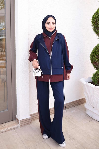 İmajButik Bordo Çift Fermuarlı Cupra Garnili Tunik Pantolonlu Oys Takım