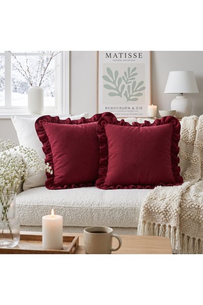 Bc Home 2-Pack Burgundy Country Ruffled Square Throw Pillow Covers Soft Textu...