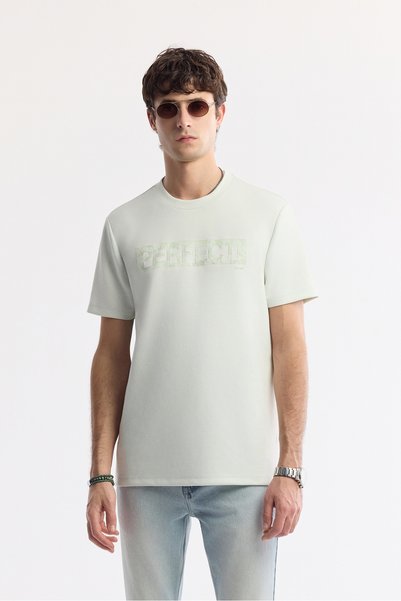 Avva Men's Water Green Crew Neck Printed Bi-Stretch Interlock Regular Fit T-S...