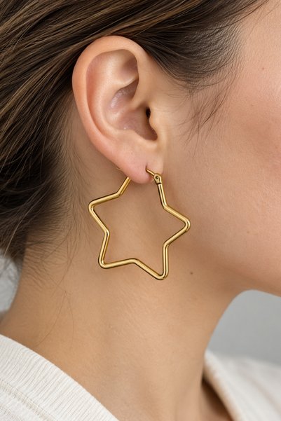 beus Kararmaz Yıldız Şeklinde Halka Küpe 316L Paslanmaz Çelik Gold 4 x 4 cm - Kadın