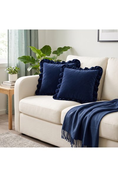 Bc Home غطاء وسادة مربع الشكل مزين بكشكشة بلون أزرق ليلي، ناعم الملمس، عتيق ا...